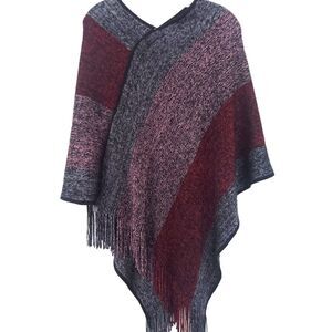 Jack & Missy Knit Poncho Fringe One Size Black Red Gray Maroon
